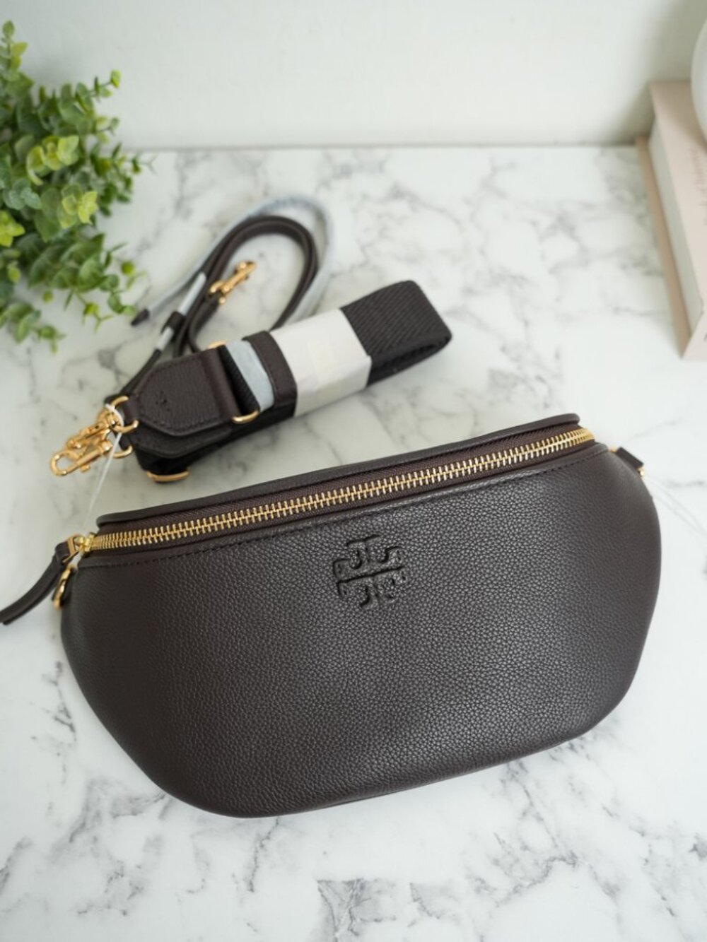 Tory Burch Thea Pebbled Leather Belt Bag Fanny Pack in Deep Brown 165917 NWT
